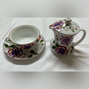 Colorful Floral Ceramic Creamer and Bowl Set